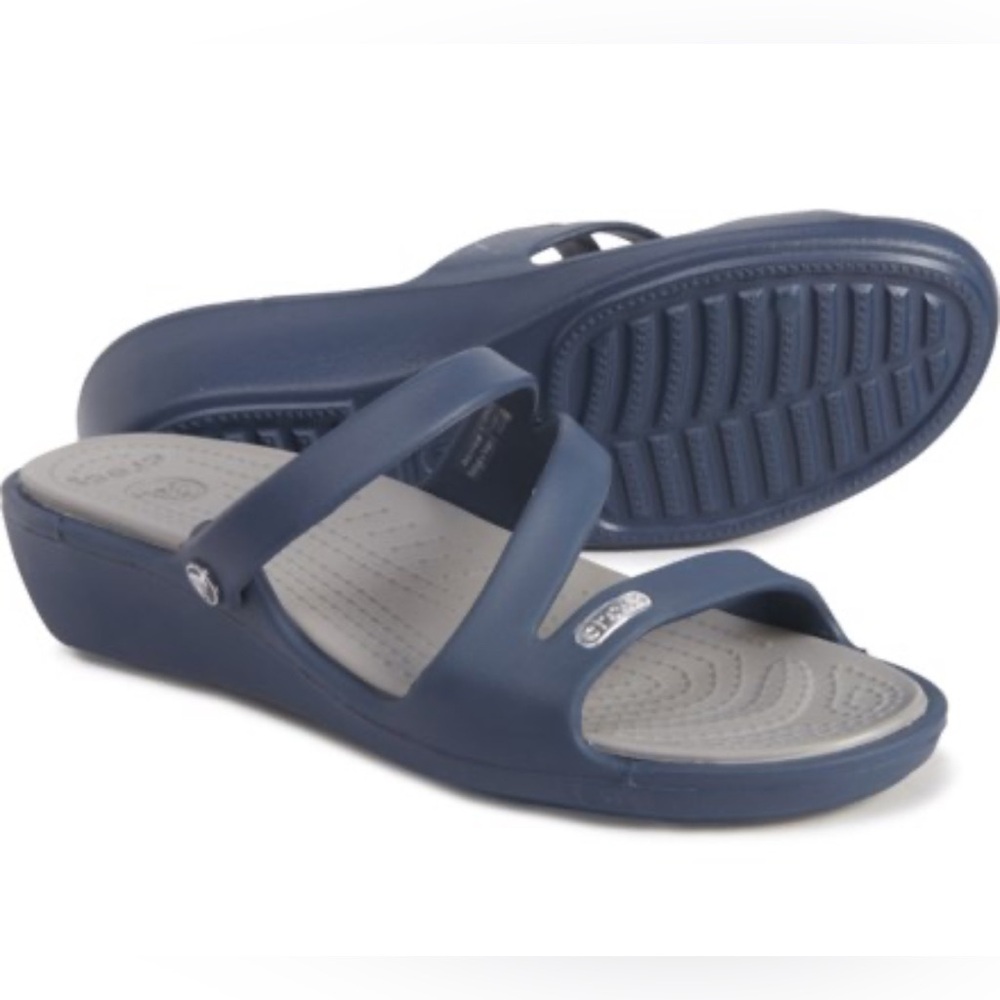 Crocs Iconic Comfort Womens Size 11 Blue Strappy Slip on Slide Flat Sole Sandals